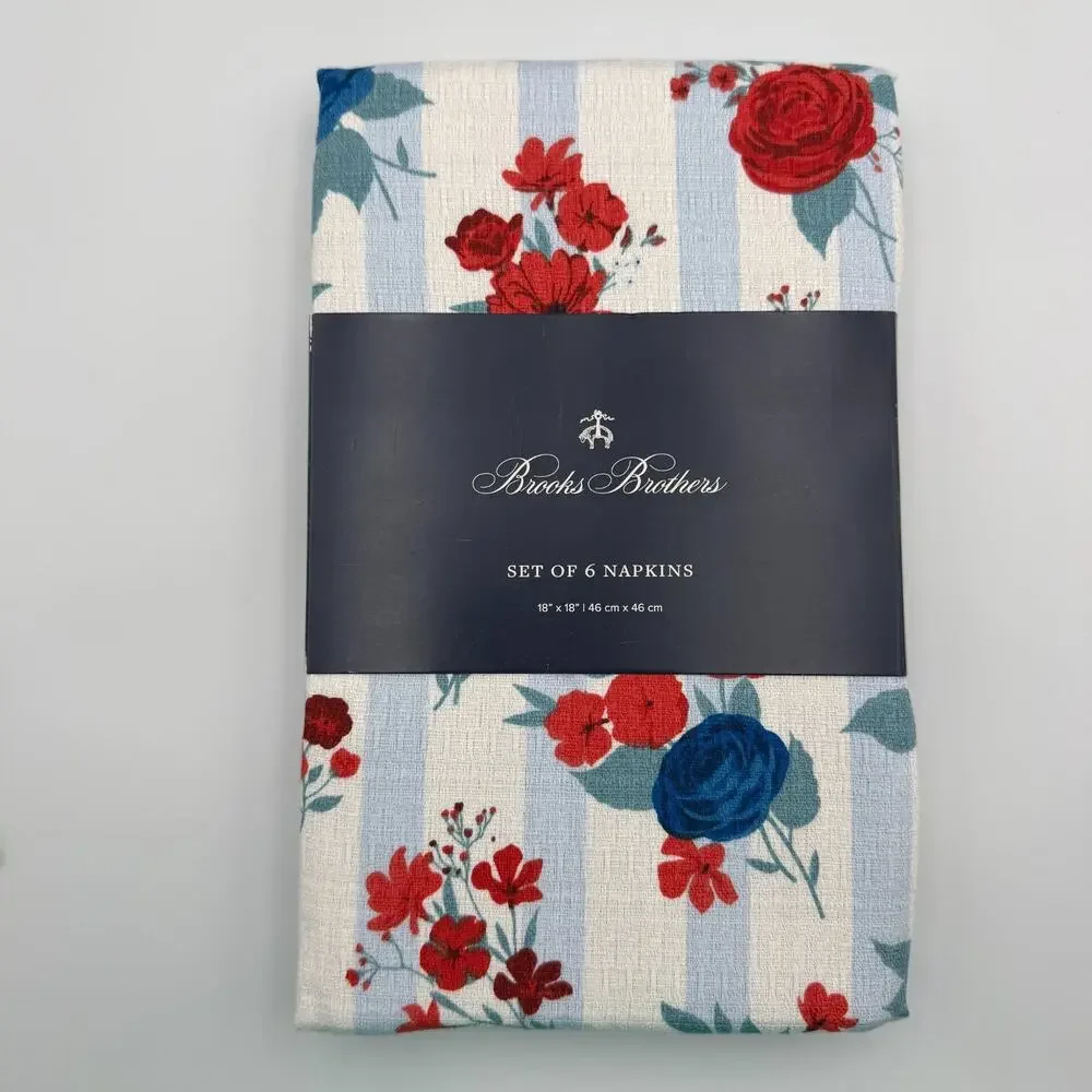 Brooks Brothers Set of 6 Cloth Napkins Floral Stripe Red White Blue 18x18 NWT